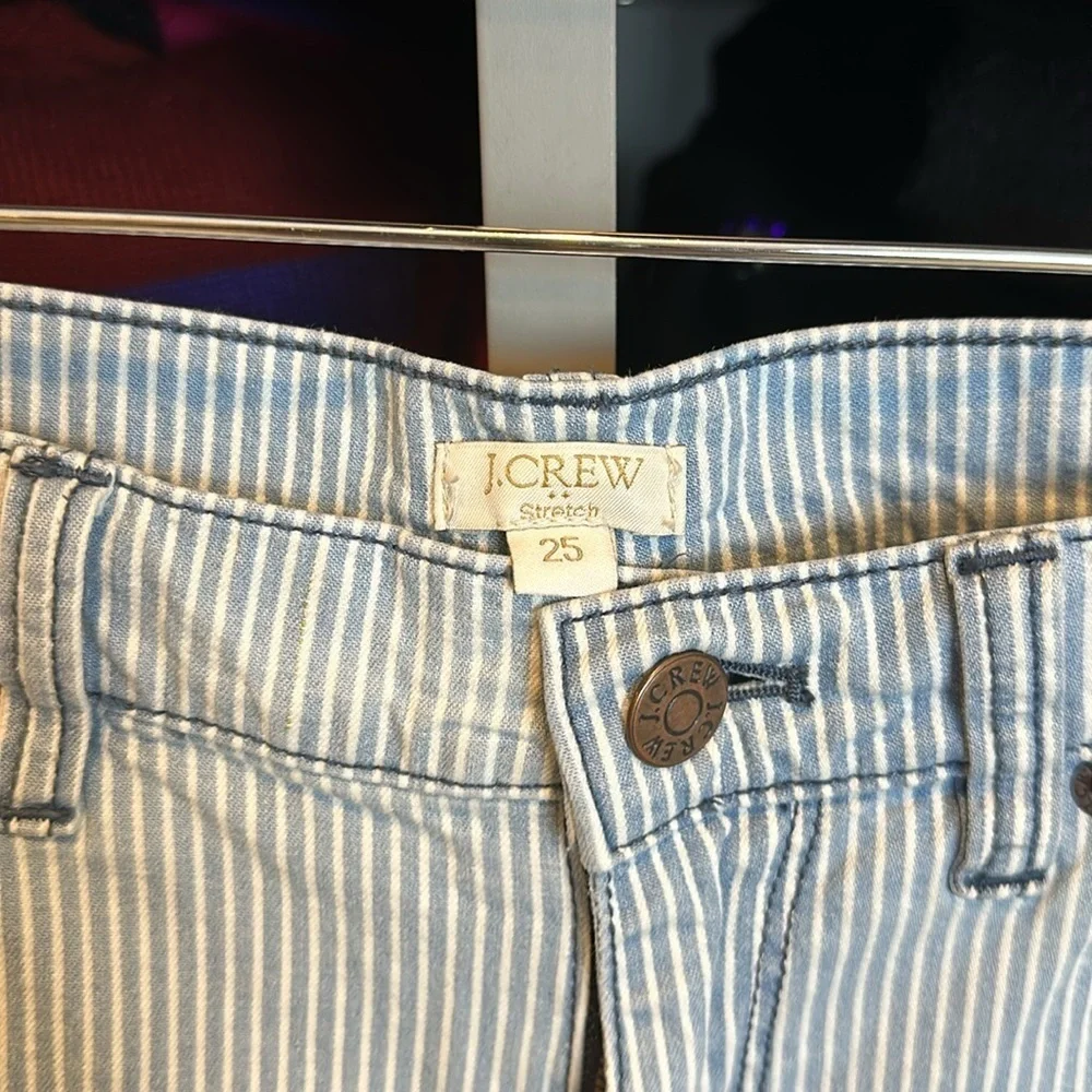 J Crew pale blue and white striped distressed cuffed jean shorts size 25